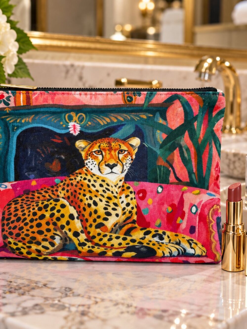 Maximalist Cheetah Print Art Canvas Travel Pouch Makeup Bag NWT